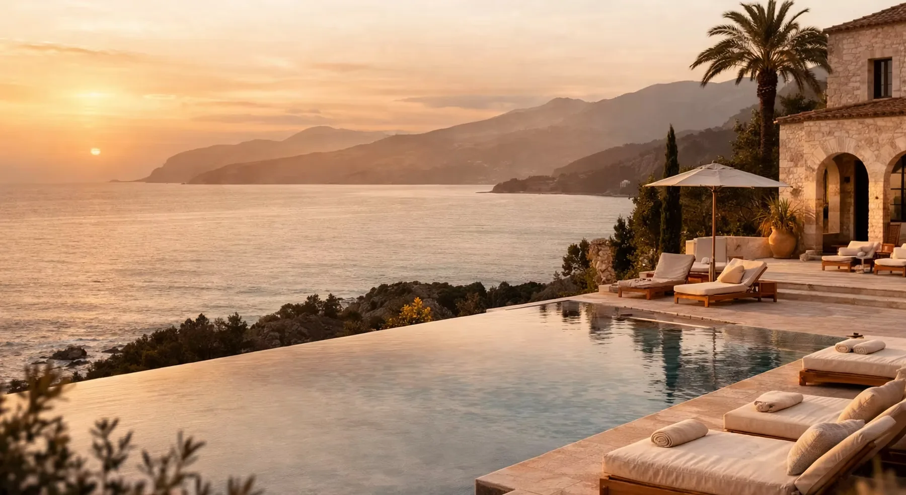 Mediterranean cliffside property at golden hour